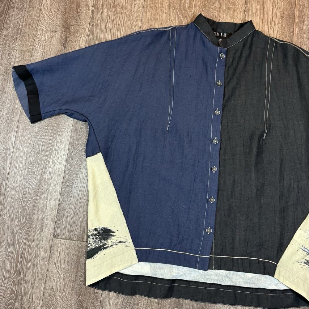 Ozai N Ku Black Blue Brush Stroke Top Shirt Boxy Oversized Art to Wear sz 1 - Picture 2 of 13